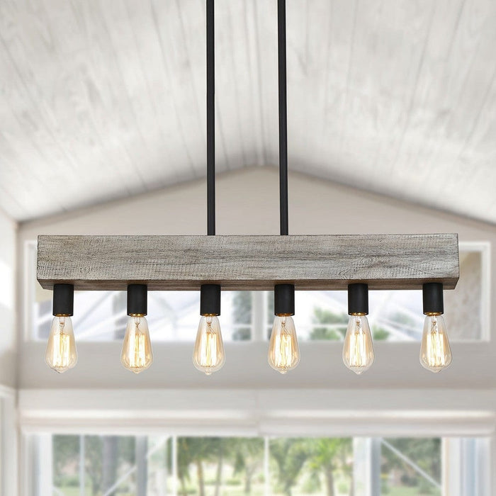 6-Light Antique Linear Wooden Island Pendant Light Fixture, Farmhouse Rectangle Ceiling Light for Dining Room Living Room-ErisView