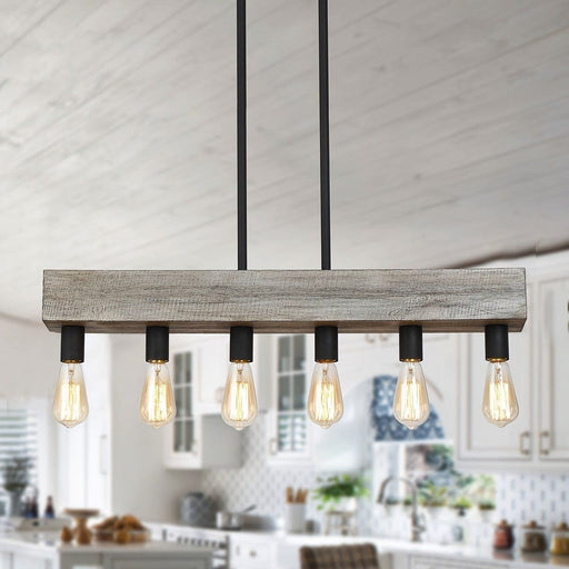 6-Light Antique Linear Wooden Island Pendant Light Fixture, Farmhouse Rectangle Ceiling Light for Dining Room Living Room-ErisView