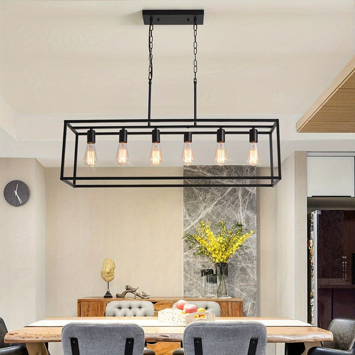 6-Light Rectangle Pendant Light, Modern Black Linear Pendant Light with Industrial Cage for Kitchen Island Dining Room Living Room Bar Restaurant-ErisView