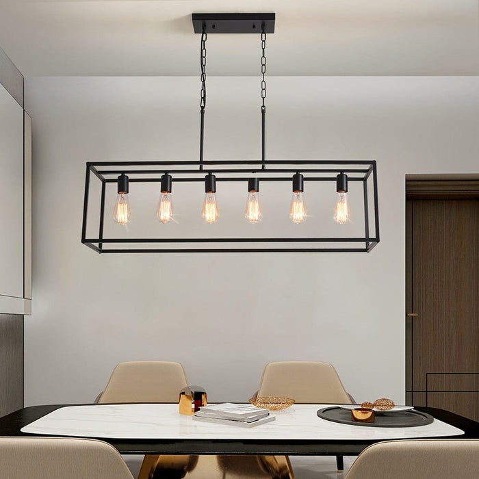 6-Light Rectangle Pendant Light, Modern Black Linear Pendant Light with Industrial Cage for Kitchen Island Dining Room Living Room Bar Restaurant-ErisView