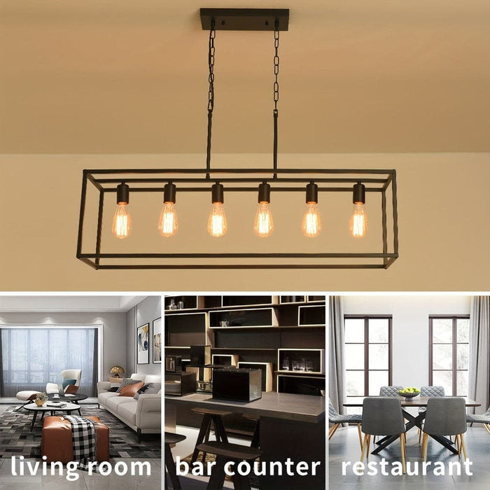 6-Light Rectangle Pendant Light, Modern Black Linear Pendant Light with Industrial Cage for Kitchen Island Dining Room Living Room Bar Restaurant-ErisView