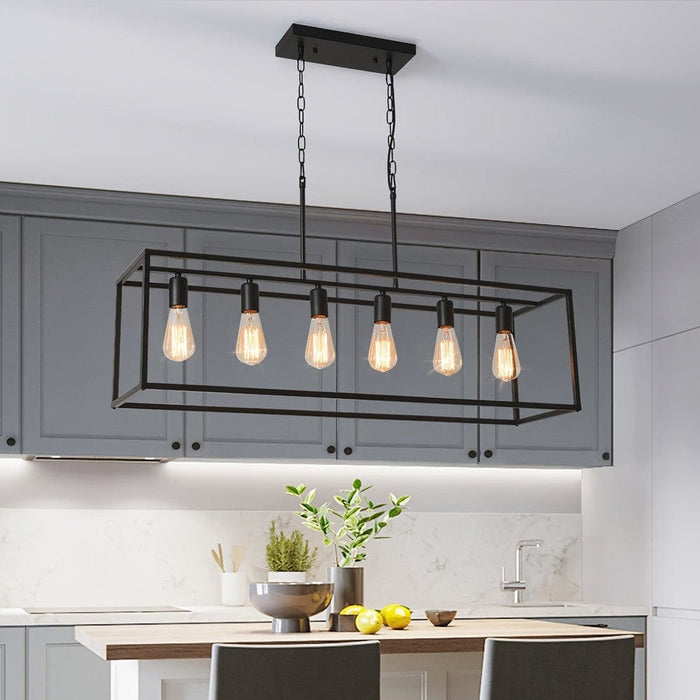 6-Light Rectangle Pendant Light, Modern Black Linear Pendant Light with Industrial Cage for Kitchen Island Dining Room Living Room Bar Restaurant-ErisView