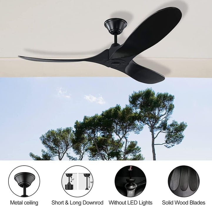 60 in. Black Ceiling Fan NO Light for Patio, Large Propeller Ceiling Fan for Sloped Ceiling, Remote Control Fan, Modern Wood Ceiling Fan for Gazebo-19-ErisView