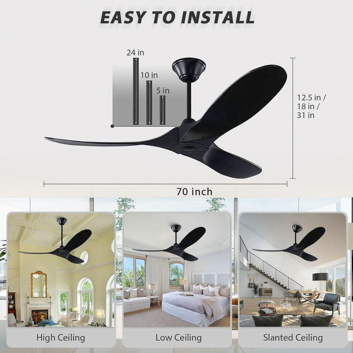 60 in. Black Ceiling Fan NO Light for Patio, Large Propeller Ceiling Fan for Sloped Ceiling, Remote Control Fan, Modern Wood Ceiling Fan for Gazebo-7-ErisView