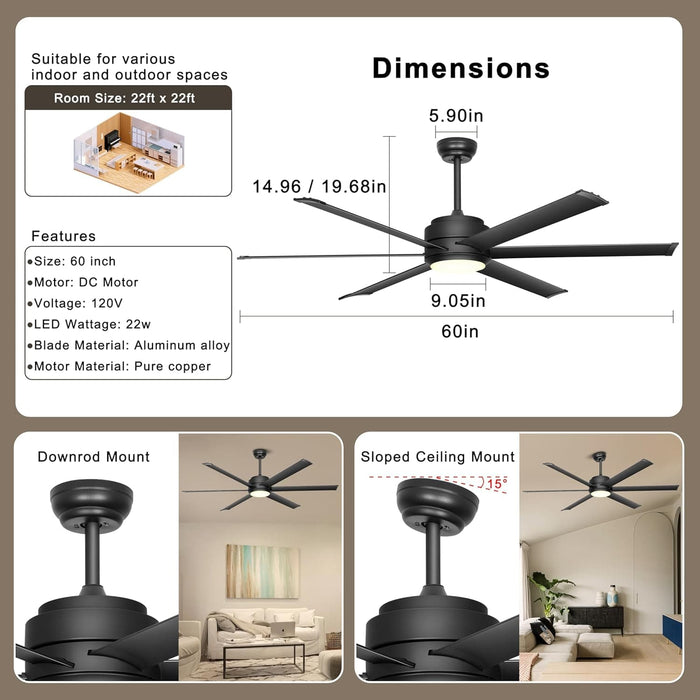 60 in. Black Outdoor Ceiling Fan with Light, Indoor Industrial Ceiling Fans with Remote APP Control, High End Ceiling Fans for Living Room Patio-6-ErisView