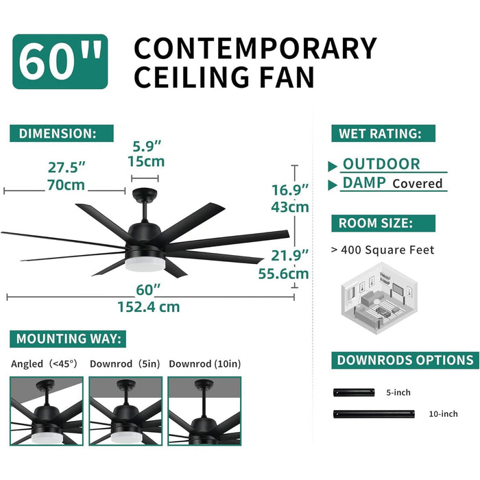 60 in. Ceiling Fan with Light and Remote, Modern Quiet Ceiling Fans for Bedroom Living Room, Outdoor Fan for Patio-6-ErisView