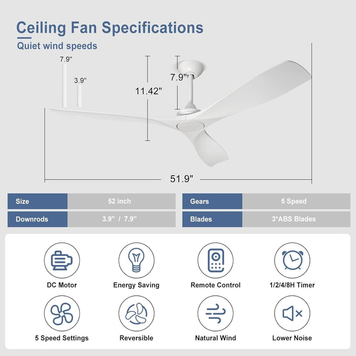 60 in. Ceiling Fan with Remote Control, White and Gold Ceiling Fans without Lights, Indoor Outdoor Reversible Quiet Ceiling Fans for Bedroom Living Room-40-ErisView