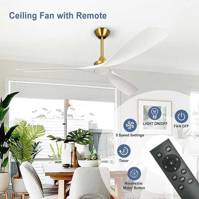 60 in. Ceiling Fan with Remote Control, White and Gold Ceiling Fans without Lights, Indoor Outdoor Reversible Quiet Ceiling Fans for Bedroom Living Room-6-ErisView