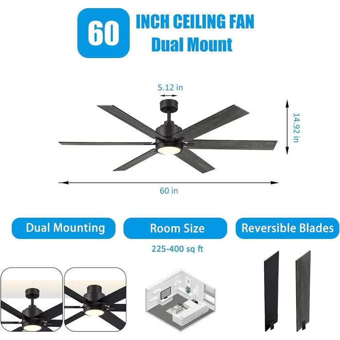 60 in. Large Black Bronze Ceiling Fan with Light and Remote, Farmhouse Industrial Ceiling Fans for Living Room Dining Room Bedroom, Stylish Ceiling Fans-3-ErisView