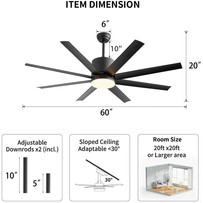 60 in. Modern Ceiling Fan with Light for Bedroom Living Room, Outdoor Ceiling Fans for Patio Porch, 8 Blades Reversible Quiet Ceiling Fans-5-ErisView