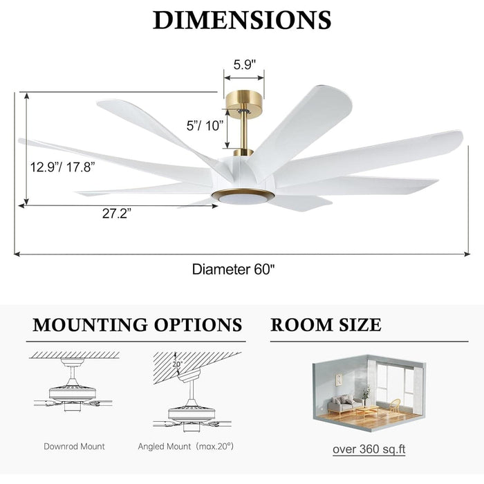 60 in. Modern White Gold Smart Wi-Fi Alexa Ceiling Fan with Light Remote, Indoor Reversible Quiet Ceiling Fans with Light-5-ErisView