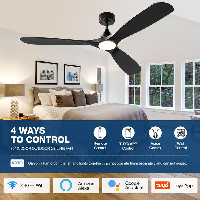 60 in. Smart Ceiling Fan with Light, Black Remote Control Fan with Alexa and APP Control for Home Office, Wood Reversible Quiet Ceiling Fans-2-ErisView