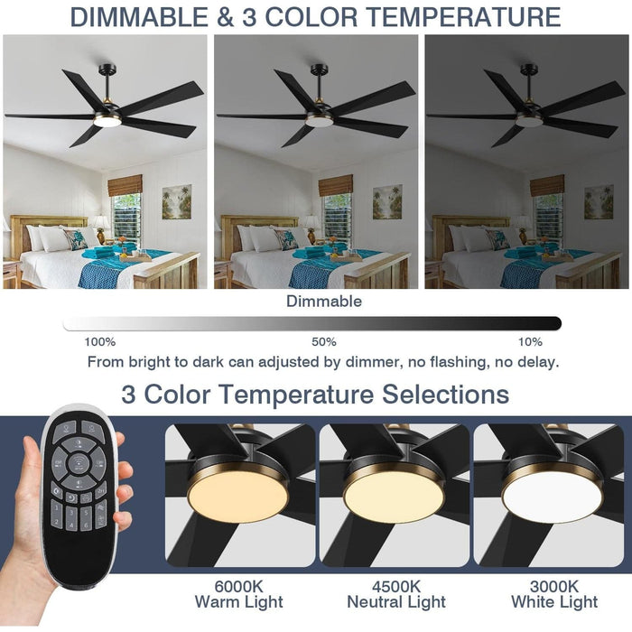 65 in. Black Ceiling Fan with Light and Remote Control, Indoor Outdoor Large Ceiling Fans for Bedroom, Designer Fans, Patio Porch Ceiling Fans-2-ErisView