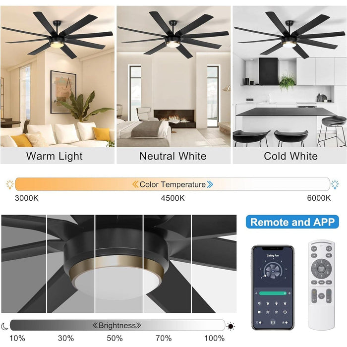 70 in. Indoor Outdoor Large Ceiling Fans with Remote Control, Reversible Dimmable Modern Industrial Ceiling Fans for Living Room Patio-5-ErisView