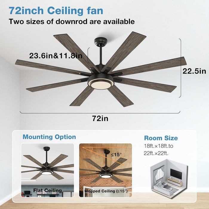 72 in. Black Reversible Ceiling Fan, Remote Control Ceiling Fan with Light, Cathedral Ceiling Fan, Mid Century Modern Ceiling Fan-6-ErisView