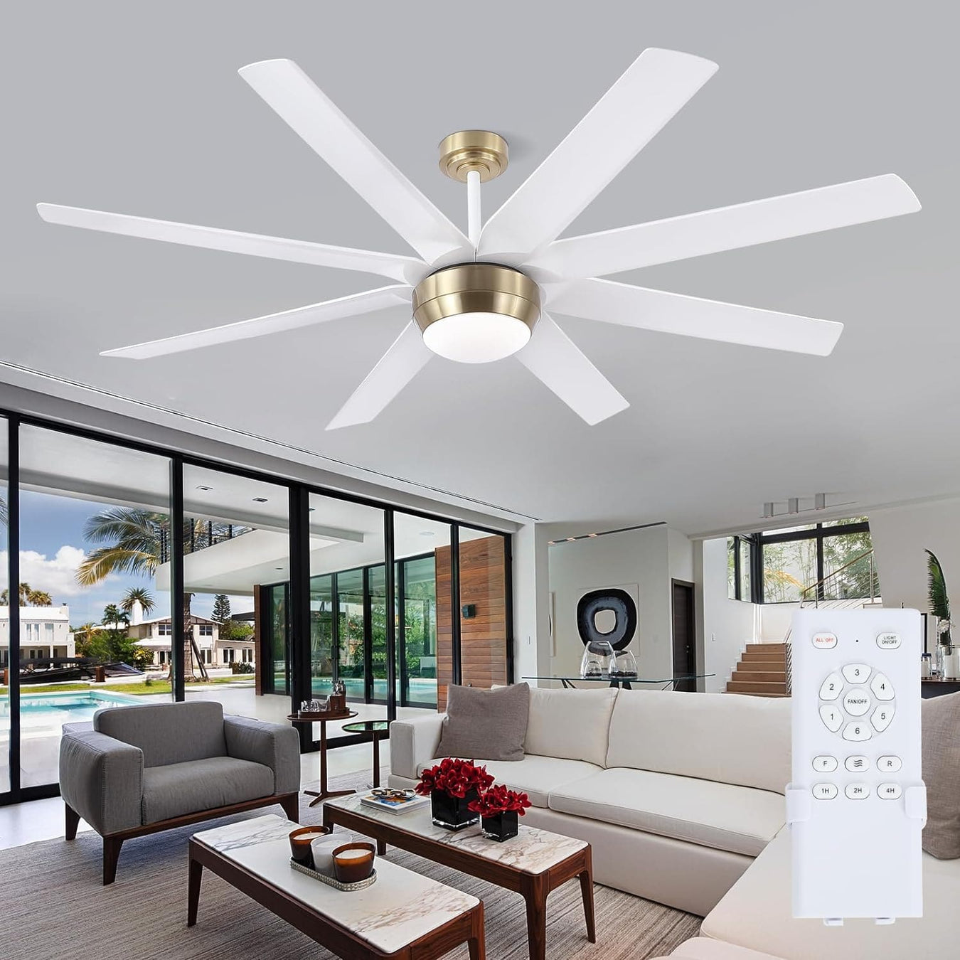 72 in. Ceiling Fan with Bright Light and Remote, Indoor Outdoor Large Ceiling Fans for Living Room Bedroom Patio Garage, White Gold Quiet Ceiling Fan-1-ErisView