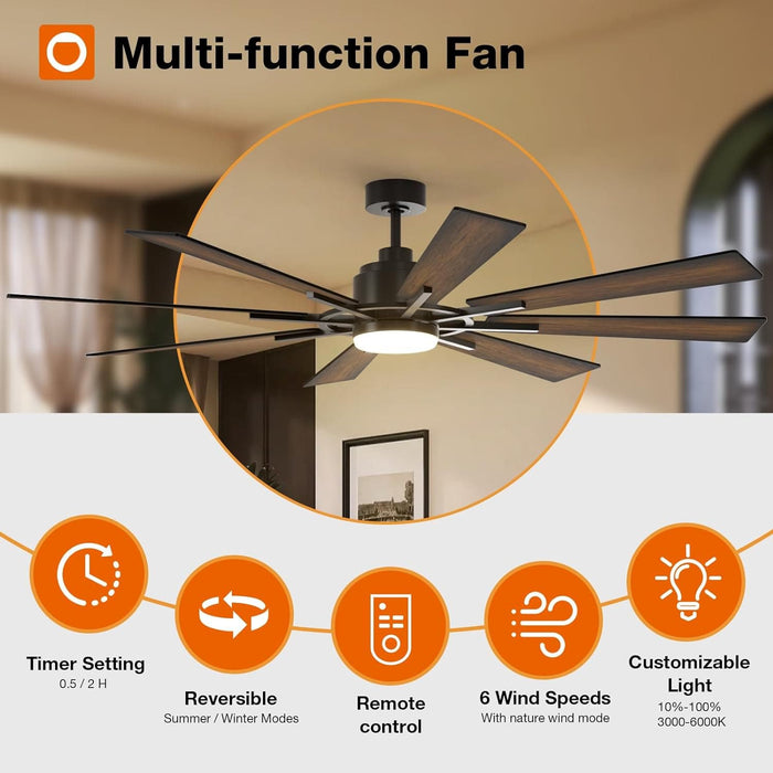 72 in. Huge Black Ceiling Fan with Remote Control, Farmhouse Reversible Dimmable Noiseless Ceiling Fan for Bedroom Living Room Dining Room-2-ErisView