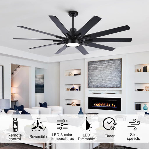 72 in. Large Black Ceiling Fan with Lights and Remote, Industrial Reversible Ceiling Fan, Black Modern Ceiling Fan for Kitchen Living Room Patio-2-ErisView