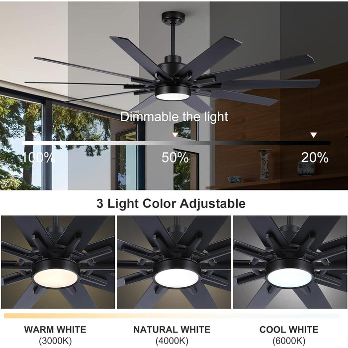 72 in. Large Black Ceiling Fan with Lights and Remote, Industrial Reversible Ceiling Fan, Black Modern Ceiling Fan for Kitchen Living Room Patio-3-ErisView