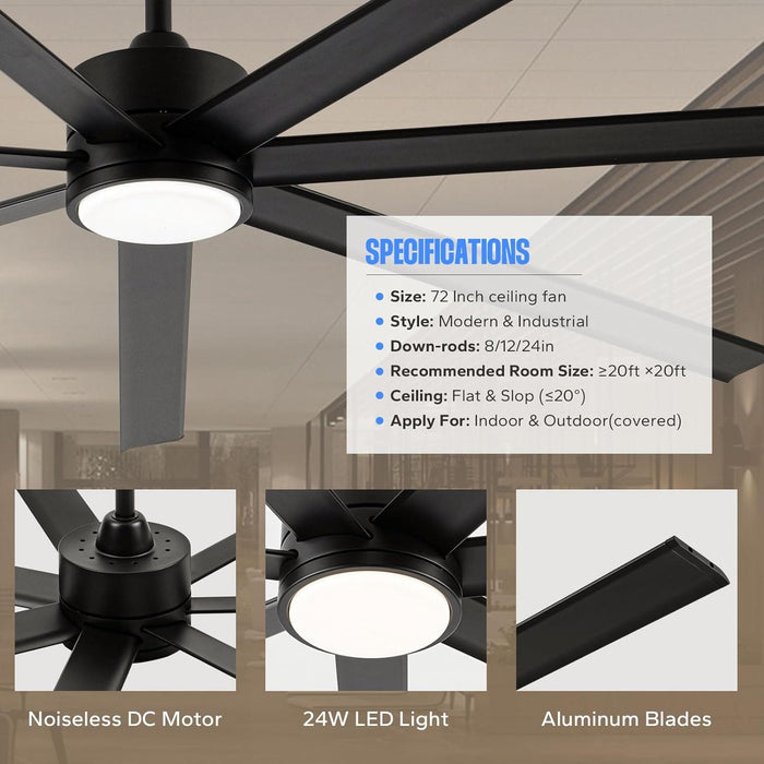 72 in. Large Outdoor Ceiling Fans with Light and Remote, Large Modern Industrial Ceiling Fans, Mini Reversible Ceiling Fan for Patio Porch Shop Garage-2-ErisView