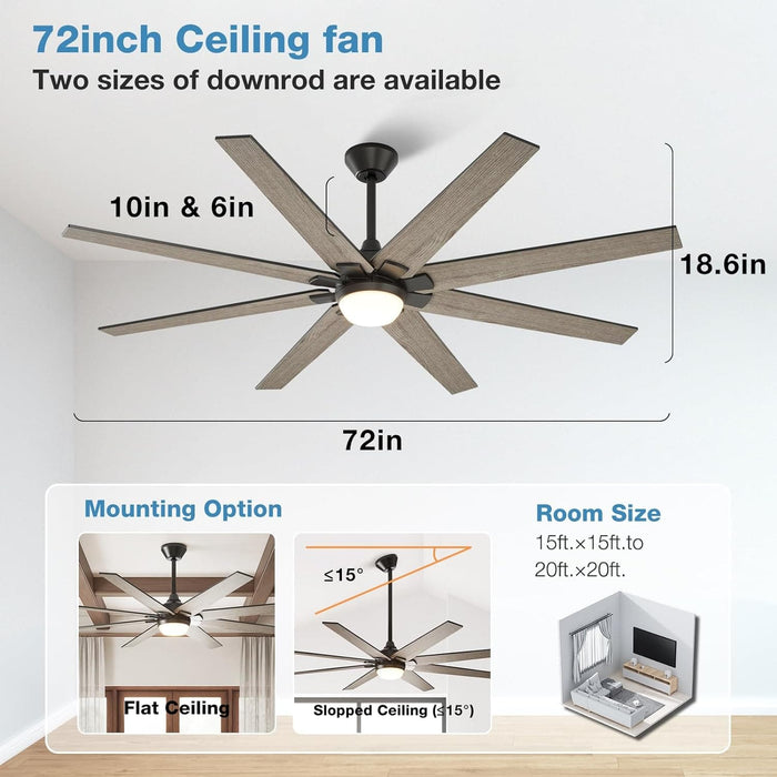 72 in. Large Reversible Ceiling Fan with Frosted Glass, Remote Control Ceiling Fan with Light, Cathedral Ceiling Fan-7-ErisView