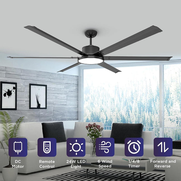 72 in. Modern Remote Control Ceiling Fan and Light, 6 Metal Blade Fan, Reversible Quiet Black Ceiling Fan for Living Room, Garage Ceiling Fan -2-ErisView