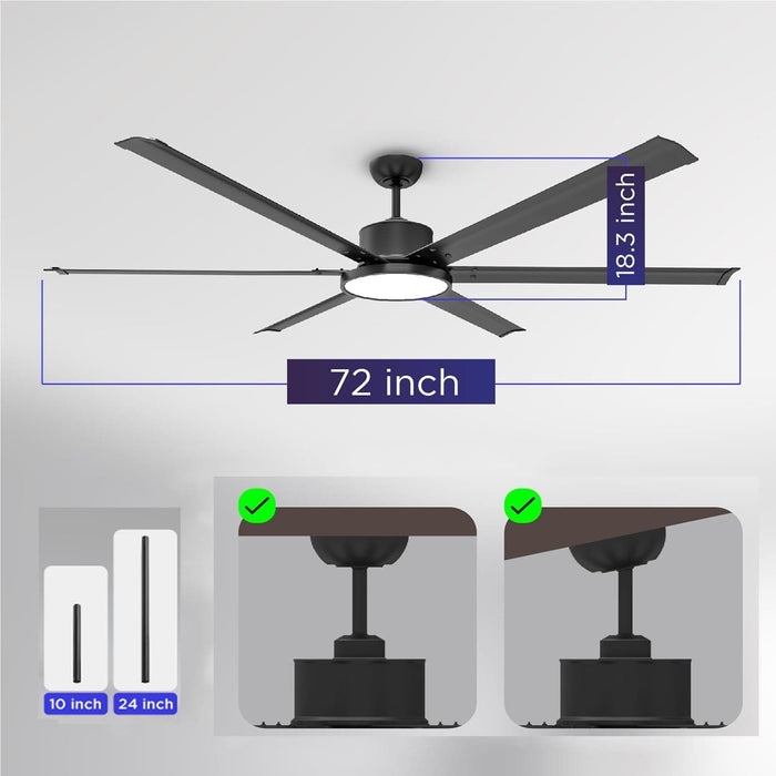 72 in. Modern Remote Control Ceiling Fan and Light, 6 Metal Blade Fan, Reversible Quiet Black Ceiling Fan for Living Room, Garage Ceiling Fan -5-ErisView