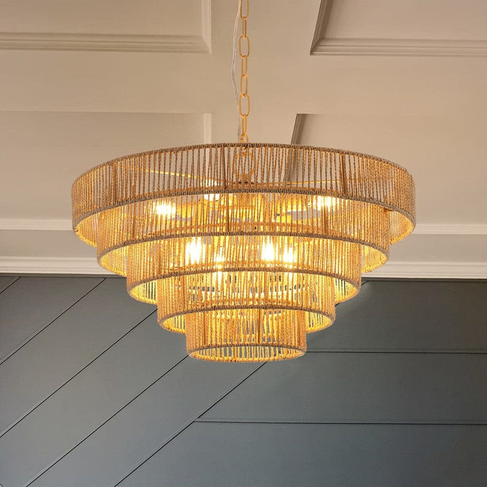 8-Light Bohemian Rattan Woven Pendant Light, 5-Tier Large Round Pendant Light Chandelier-ErisView