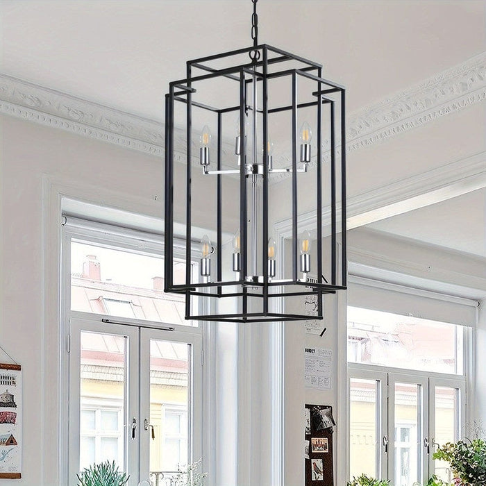 8-Light Farmhouse Hanging Pendant Light Chandelier, Industrial Lantern Pendant Light Fixture for Entryway Foyer Living Room Kitchen Island Staircase-ErisView