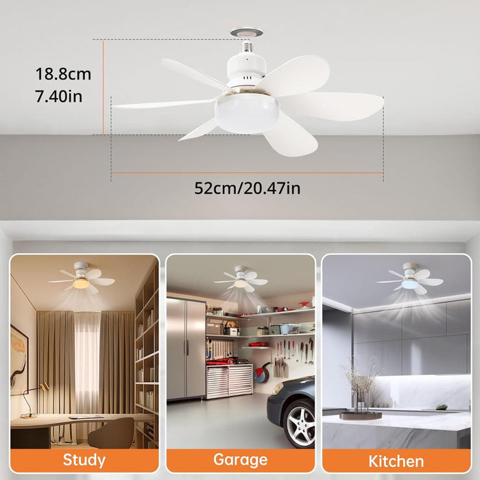 Base 20 in. Small Ceiling Fan with Lights, Socket Fan Light with Remote, Dimmable and Fan Light, Screw In White Ceiling Fan, Bedroom Ceiling Fans-2-ErisView