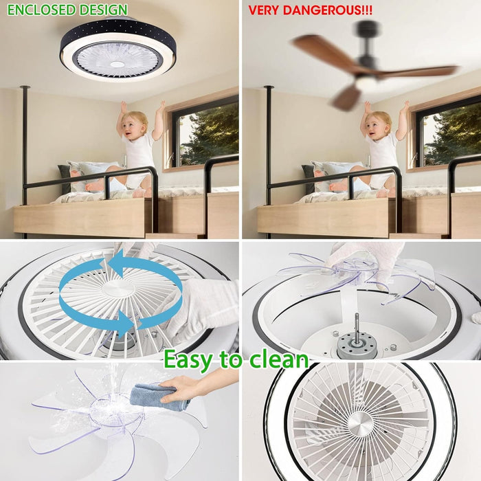 Bedroom Ceiling Fans with Lights, Bladeless Low Profile Remote Control Enclosed Ceiling Fan, Small Flush Mount Fan-6-ErisView