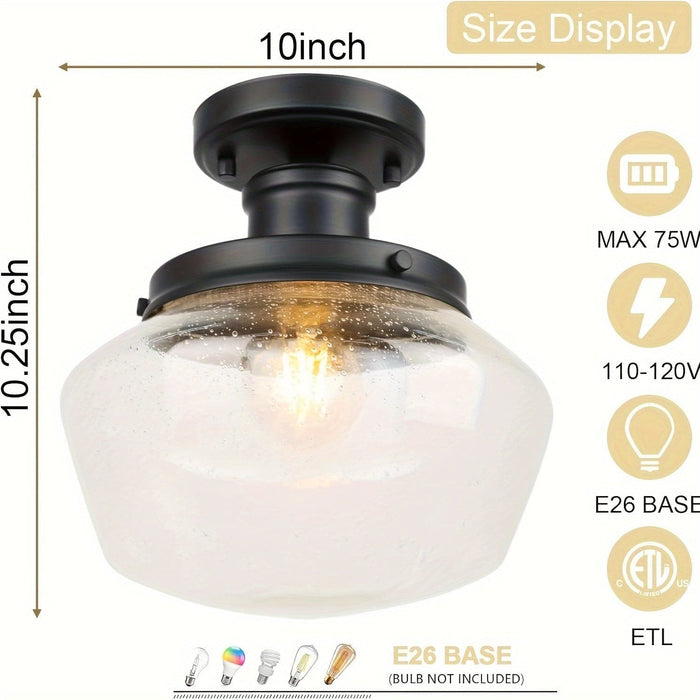 Bell-Shaped Farmhouse Semi Flush Mount Ceiling Light with Seeded Glass for Entryway Hallway Bedroom Kitchen Living Room-ErisView