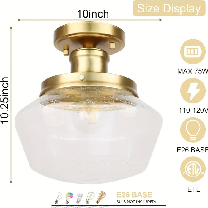 Bell-Shaped Farmhouse Semi Flush Mount Ceiling Light with Seeded Glass for Entryway Hallway Bedroom Kitchen Living Room-ErisView