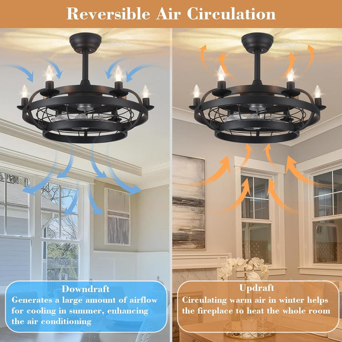 Black Caged Ceiling Fan with Light, Farmhouse Industrial Bladeless Ceiling Fan with Remote, Modern Fan Light Fixture for Bedroom Kitchen Dining Room-3-ErisView