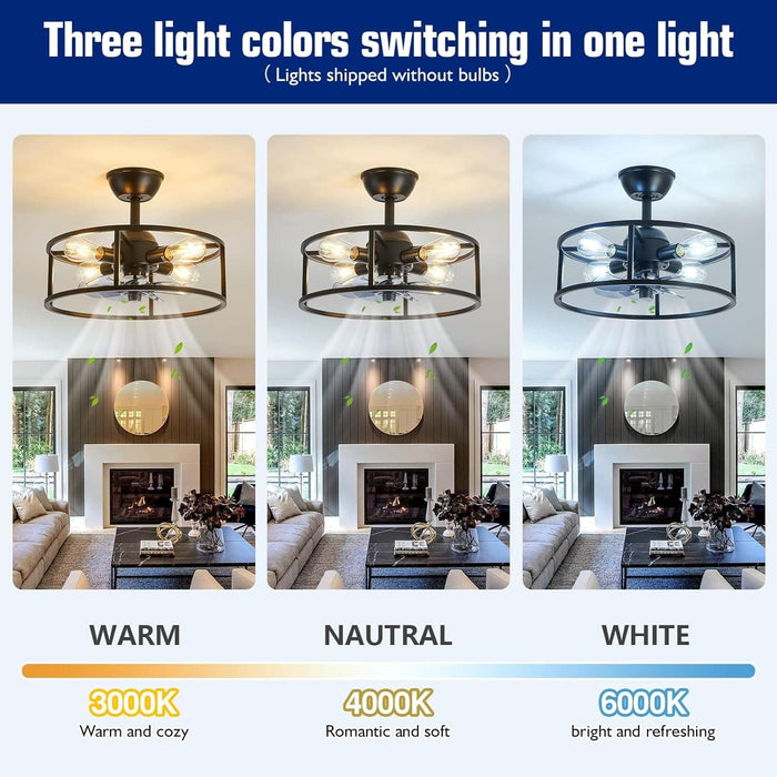 Black Caged Ceiling Fan with Light, Industrial Ceiling Fans with Remote Control, Fandelier for Bedroom Kitchen Dining Room-5-ErisView