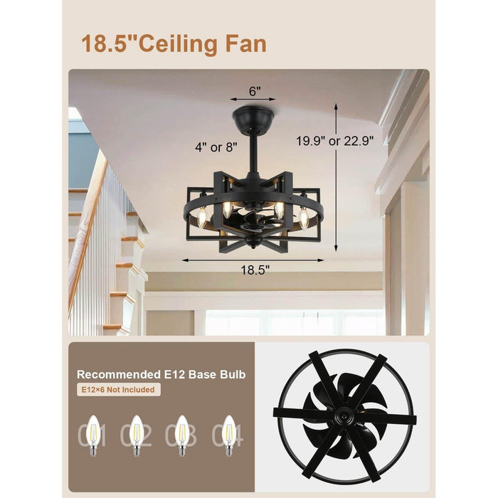 Black Caged Ceiling Fan with Light, Retro Industrial Modern Enclosed Ceiling Fan with Remote Control, Farmhouse Bedroom Living Room Fan-6-ErisView