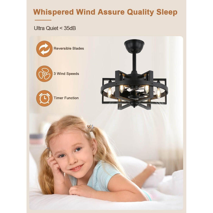 Black Caged Ceiling Fan with Light, Retro Industrial Modern Enclosed Ceiling Fan with Remote Control, Farmhouse Bedroom Living Room Fan-7-ErisView