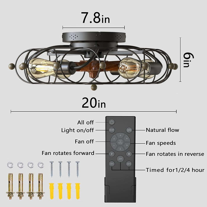 Black Caged Ceiling Fan with Light and Remote Control, Reversible Flush Mount Ceiling Fan and Light-6-ErisView