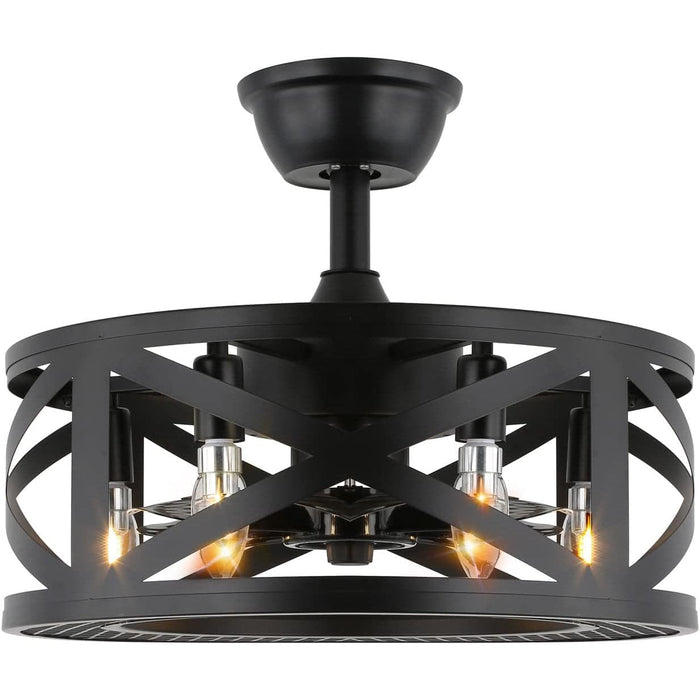 Black Caged Ceiling Fan with Lights, Farmhouse Industrial Rustic Ceiling Fan, Bladeless Flush Mount Quiet Enclosed Low Profile Ceiling Fan and Light-1-ErisView