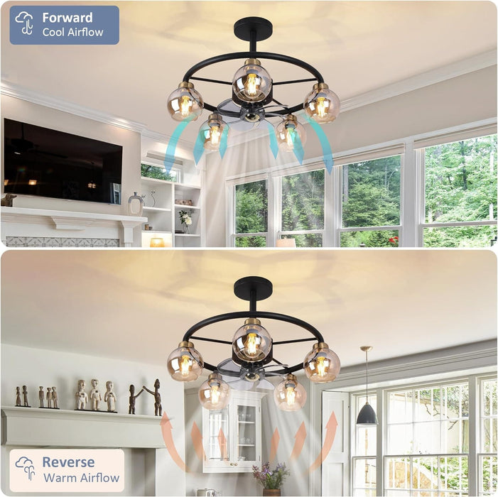 Black Chandelier Ceiling Fan with Lights and Remote Control, Reversible Quiet Ceiling Fans with Globe Glass Lampshade-2-ErisView