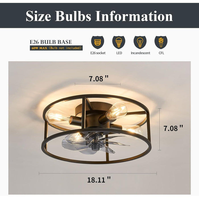 Black Flush Mount Caged Ceiling Fan with Light and Remote Control, Industrial  Metal Blade Low Profile Fan for Dining Room Bedroom Kitchen Living Room-2-ErisView