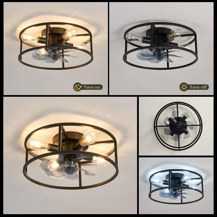 Black Flush Mount Caged Ceiling Fan with Light and Remote Control, Industrial  Metal Blade Low Profile Fan for Dining Room Bedroom Kitchen Living Room-3-ErisView