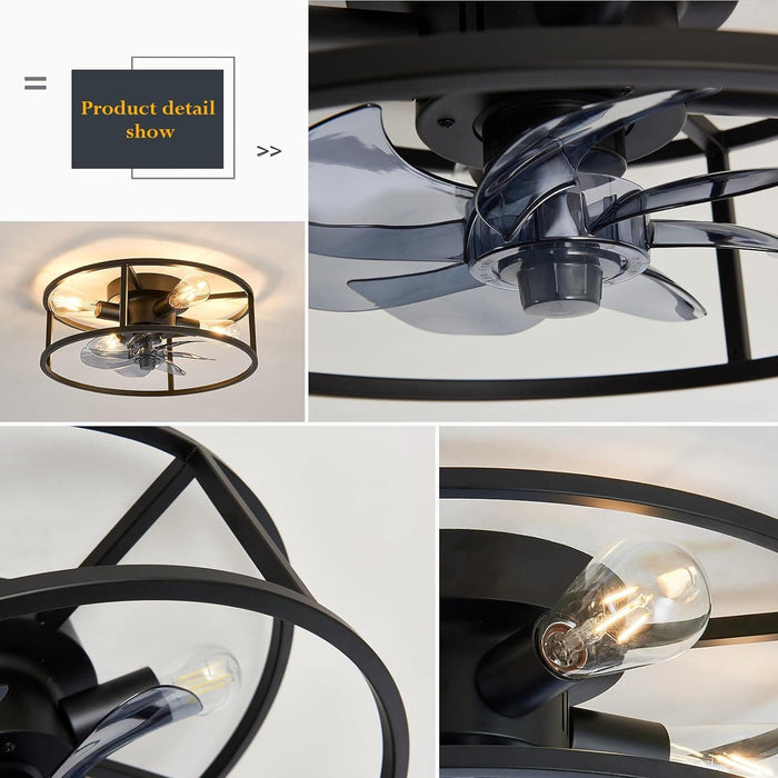 Black Flush Mount Caged Ceiling Fan with Light and Remote Control, Industrial  Metal Blade Low Profile Fan for Dining Room Bedroom Kitchen Living Room-4-ErisView