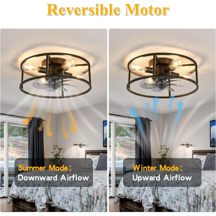 Black Flush Mount Caged Ceiling Fan with Light and Remote Control, Industrial  Metal Blade Low Profile Fan for Dining Room Bedroom Kitchen Living Room-5-ErisView