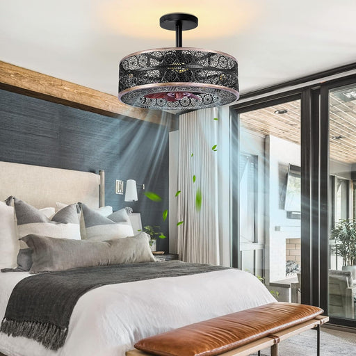 Black Small Caged Ceiling Fan, Industrial Farmhouse Remote Ceiling Fan with Light for Living Room Bedroom Kitchen-5-ErisView