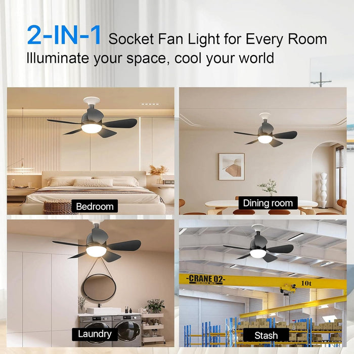 Black Socket Fan Light, Small Ceiling Fan with Lights and Remote, Dimmable LED Socket Ceiling Fan for Bedroom Kitchen Living Room Closet Garage-2-ErisView