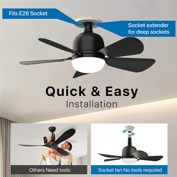 Black Socket Fan Light, Small Ceiling Fan with Lights and Remote, Dimmable LED Socket Ceiling Fan for Bedroom Kitchen Living Room Closet Garage-5-ErisView