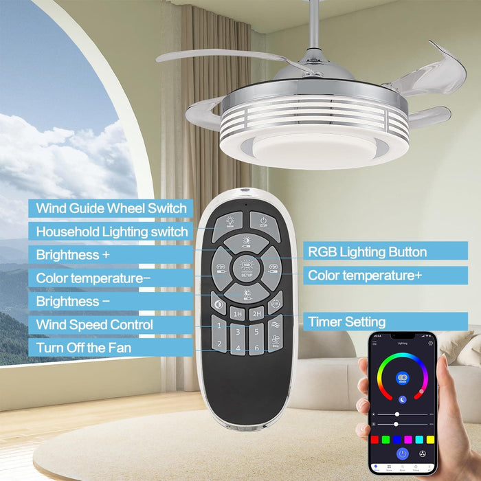 Bluetooth Ceiling Fan with Light and Speaker APP Control, Modern RGB Retractable Fandelier, Quiet Chandelier Fan for Living Room Bedroom-4-ErisView