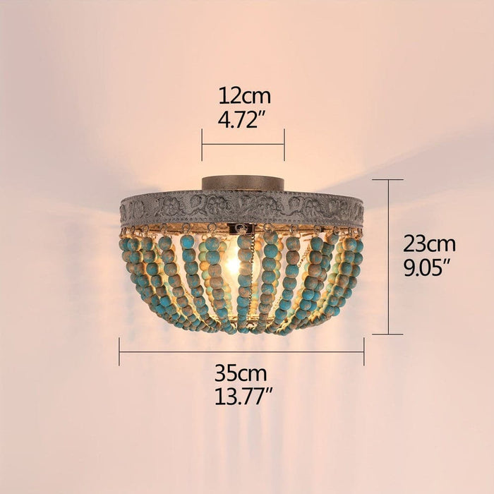 Bohemia Style Dome-Shaped Wood Beaded Teal Flush Mount Ceiling Light for Bedroom Dining Room Hallway Entryway-ErisView