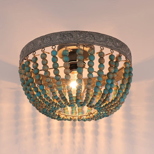 Bohemia Style Dome-Shaped Wood Beaded Teal Flush Mount Ceiling Light for Bedroom Dining Room Hallway Entryway-ErisView